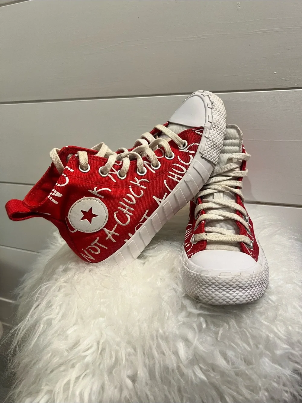 Converse Kids Red and White High-Top Sneakers with Graphic Script Not A Chuck